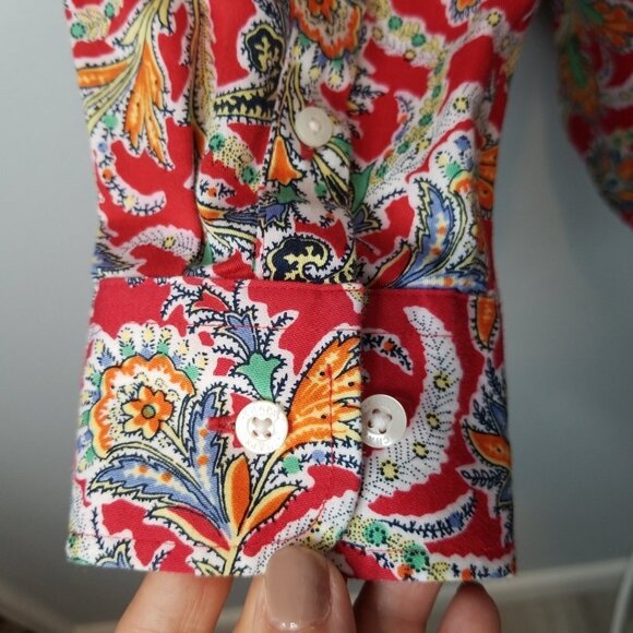 CHAPS no iron 100% cotton bright red floral button down shirt MP - Picture 7 of 10